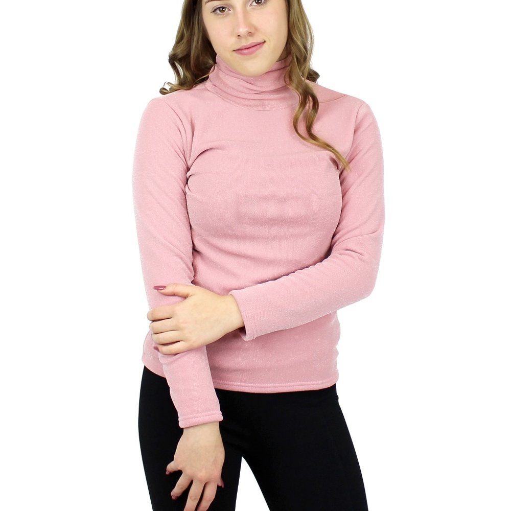 Pink Shimmer and Shine Turtleneck Sweater with Fleece Lining for Women Warm